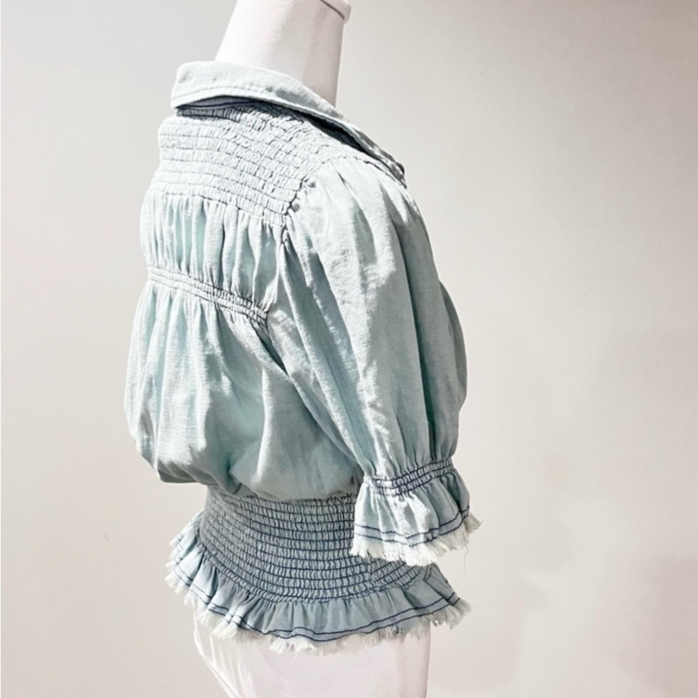 Pilcro Light Blue Ruffle-Smocked Button Front Top - Picture 7 of 11